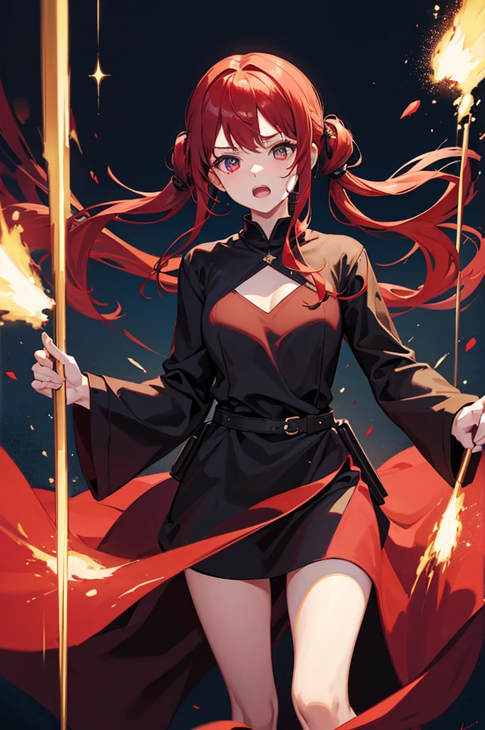 1girl, solo, best quality, masterpiece, red hair in pigtails, sparkling eyes, star on eye, 20 years old, long black robe, long black leggings, tight red shirt, dark mage, magician with long staff, intricate details, cinematic lighting, dramatic shadows, vibrant colors, fantasy art, digital painting, in action pose, heros pose, action facial expressions