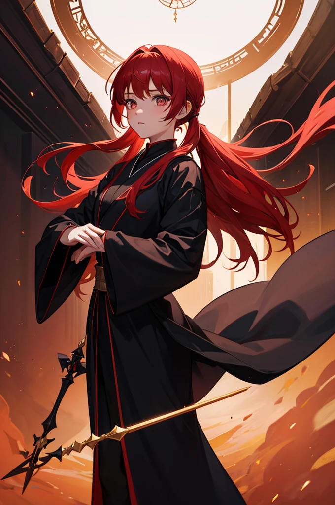 1girl, solo, best quality, masterpiece, red hair in pigtails, sparkling eyes, star on eye, 20 years old, long black robe, long black leggings, tight red shirt, dark mage, magician with long staff, intricate details, cinematic lighting, dramatic shadows, vibrant colors, fantasy art, digital painting, in action pose, heros pose, action facial expressions