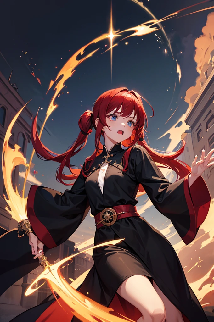 A fiery Efreet pyromancer, her skin glowing like embers, conjuring a blazing fireball amidst a volcanic cavern, 8k, manga-inspired graphic novel style, high resolution, hot hand, smoldering eyes, detailed eyes and hands, silk garb, red and black dress, fire dancing, cackling in glee, wild expression, 2D illustration, long flame-red hair, blazing hair, detailed hair, glowing orange eyes, eyes like molten lava, detailed eyes, eyes burning, the dance of lava flows, power, volcanic activity in the background.