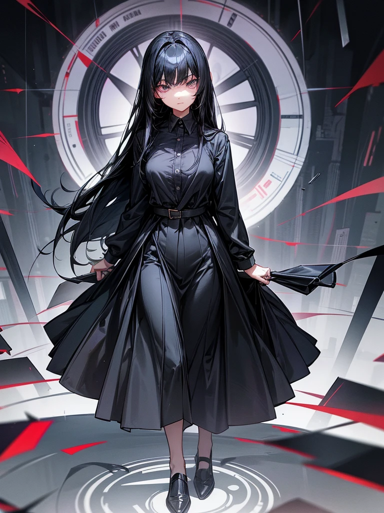 An adult woman, she has long, straight black hair. It has dark irises and its eyes convey a sense of seriousness. She is wearing a business outfit. She is in the center of a city.