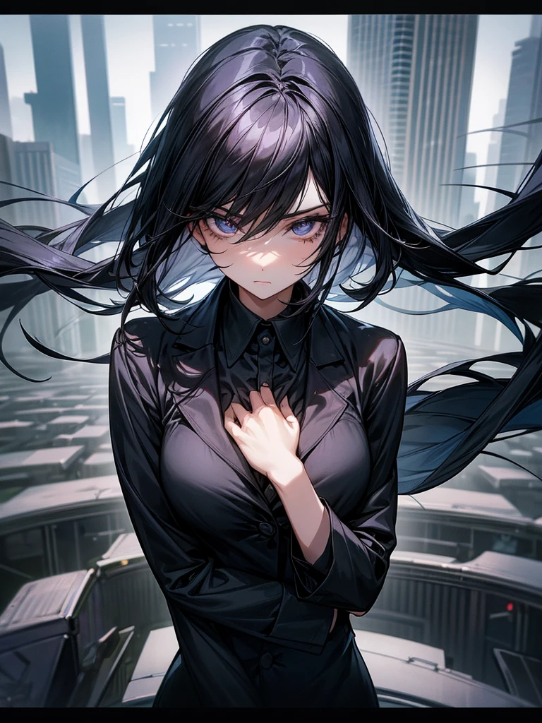 An adult woman, she has long, straight black hair. It has dark irises and its eyes convey a sense of seriousness. She is wearing a business outfit. She is in the center of a city.