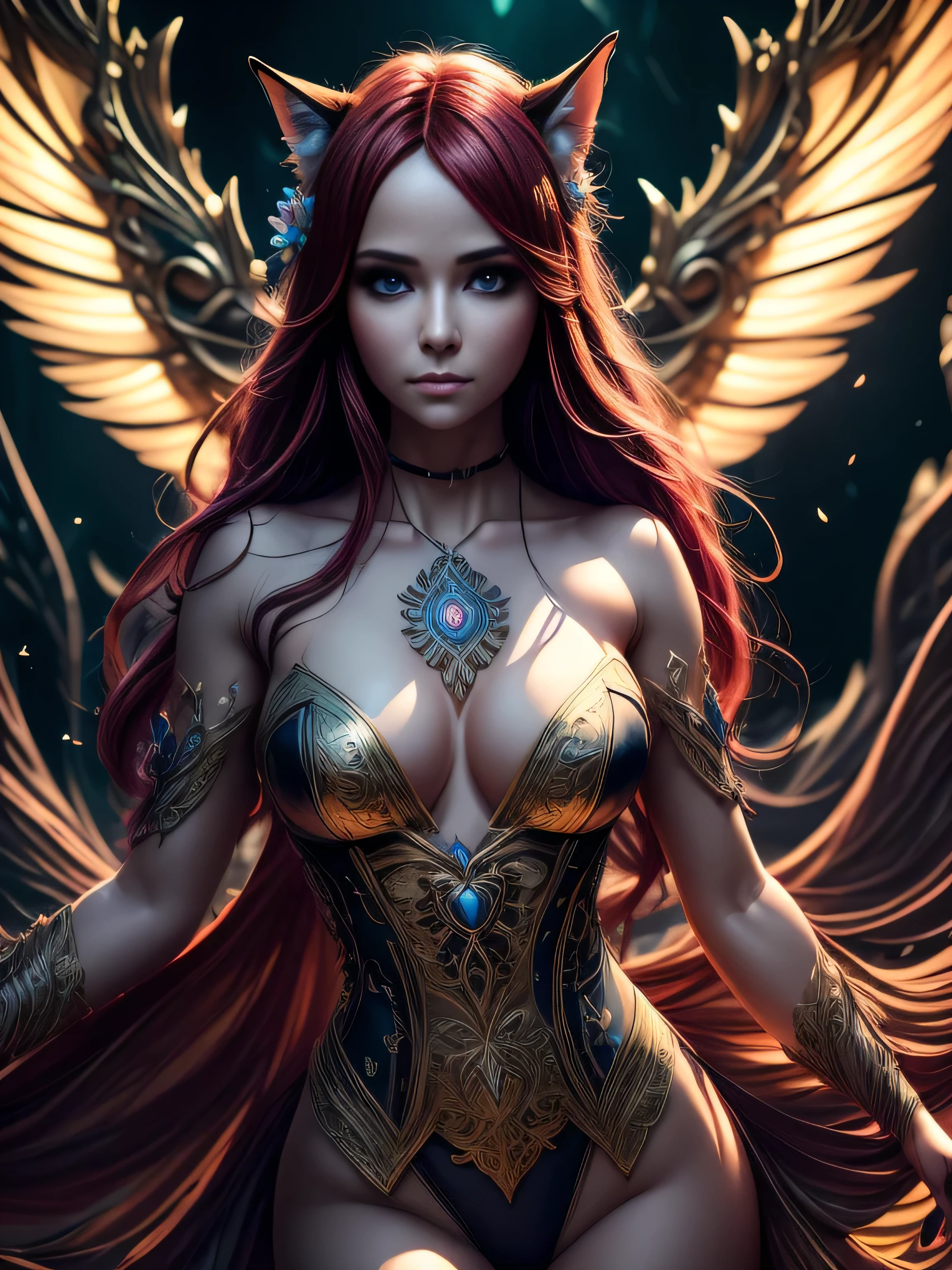 (Best Quality, 8K, Masterpiece, HDR, Soft Lighting, Picture Perfect, Realistic, Vivid), Full body photography of Fox girl in lotus pose，Red Hair, Raw, movie shot, (Sharp focus:1.5), (Reality:1.4), Dusk lighting, Volumetric Lighting, Ultra-high resolution,Dramatic Lighting, (Zentangle，Mandala，Tangle，Entanglement), Fox Demon，Fox Mask, Sexy Revealing Clothes, Bodysuit with Glitter Texture, Foxfire Curse, fox family, Transformation, Depth of Field, dreamy atmosphere, Chaos in its most beautiful form, grace, Brutalist design dark theme, Flower of Death, Flowers of ecstasy，Glowing Line,Glow Example，Tracking example，flash， Backlight，translucent，Light Particles, (Ultra High Quality Fantasy Art), Masterpiece, Female Model, Ultra High Quality Female Character Designs, Detailed 8k Anime Art, Realistic Anime Art, Highest Quality Wallpapers, Intricate Ultra High Quality Accurate Female Character Faces, High Quality Designs and Accurate Physics (Fantasy - Ultra High Quality) quality)) art), dark fantasy style), masterpieces, super high-quality characters, anime resolution - 8K, realistic anime art, wallpaper with the highest quality illustrations, ultra-high detail of faces, high-quality design and accurate physics), color, depth of field, shadows, ray tracing, high quality workmanship. -high quality and 8K resolution, (Accurate simulation of the interaction of light and materials)], [High-quality hair detail [More about beautiful and shiny red hair]], (Beautifully detailed hands [perfect fingers [Perfect nails]]], (perfect anatomy (perfect proportions)))) [[Full-length]], [Perfect combination of colors (Accurate imitation of the interaction of light and material)], [art that conveys the meaning of the story]