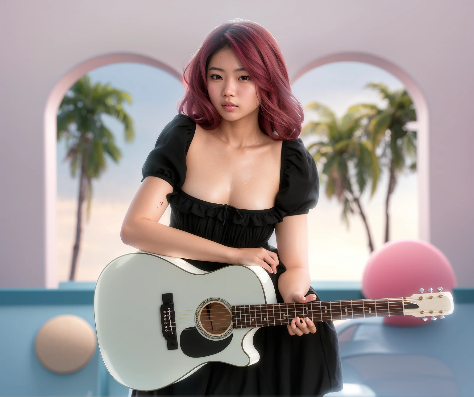 8k resolution, Asian girls smooth, realistic, glossy skin, high quality, high display, blurred background, guitar, smooth hair