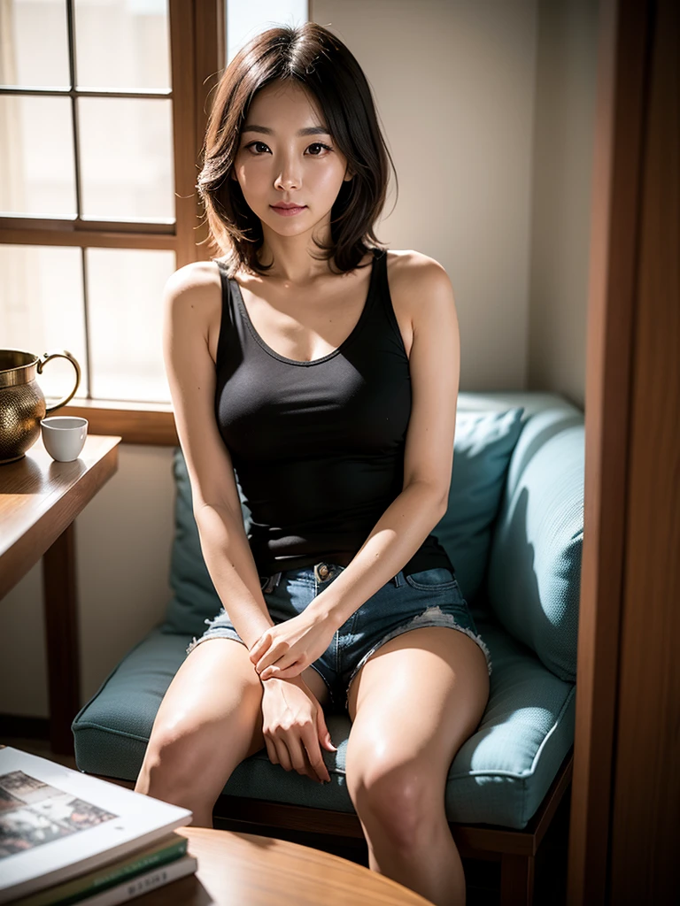 realistic photos of (1 cute Korean star) Shoulder-length hair, thin makeup, medium breasts size, slightly smile, rest one's chin on one's hands, wearing tank top, and shorts, sitting in living room, with cartoon book on the table, vanishing point, caustics, overexposure, sparkle, UHD, super detail, 16k
