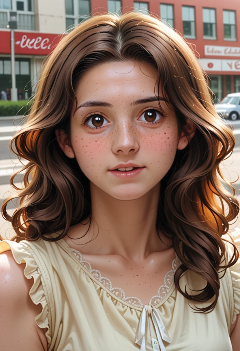 (GeGe:1.9), (woman), (brunette), (brown eyes), (freckles:1.4), score_9, score_8_up, score_7_up, score_6_up, 8k, very detailed, high detailed texture, depth of field:1.3), retro vintage, photography, 1940s, woman, 1girl, 8k, hd, vintage dress, city park, stylish, wavy hair, brown hair, close up, woman, evening, muted color grading, modest, facing camera, front shot, long hair, full body shot