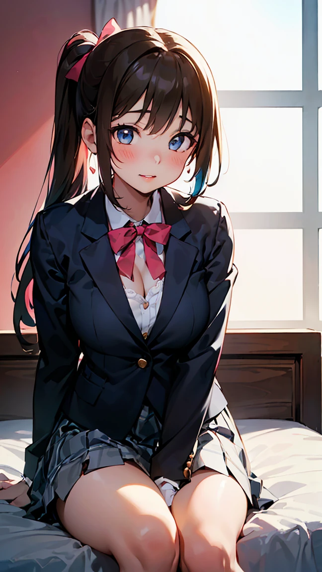  high quality, (8K, Raw, highest quality, Real1.2)), ultra high quality, high resolution, highest quality, perfect face, perfect limbs, perfect fingers, high resolution, abandoned school background 1 girl, (beautiful anime face, cute face, detailed face), --- BREAK, ((Detailed drawing of Nijigasaki High School idol club uniform 1.5)), ((black blazer 1.5)), ((white skirt with gray check pattern 1.5)), ((yell ribbonow 1.5)), adorable expression, miniature clothes), light smile, mouth closed, lips parted, pink lipstick, BREAK, standing, turning around, back view, cowboy shot, miniature human hand, 8 explanations big and thin manga style, perfect anatomy, perfect proportions, night, nice lighting, bright colors, clean lines, information, ((Bed 1.5)), ((Bedroom with pink theme 1.5)), ((Bedroom with beautiful furniture 1.5)), ((Modern style bedroom 1.5)), ((Colorful flowers blooming)), ((Modern interior decorated bedroom background 1.5)),,Blurred,Stunning expression,Restless emotion,Gorgeous,Pretty,Detailed beautiful face and eyes,(Masterpiece)Beautiful face,Young handsome girl,Real perfect skin,Blurred,Stunning expression,Restless emotion,Gorgeous,Pretty,Detailed beautiful face and eyes,(Audrey Hepburn),(),Blake,Fine and beautiful skin with cleavage,(Cute type),(J-pop idol),(Thighs,(Depth of field),(Depth of field),Soft light,Sparkling lens gaze,(Droopy eyes),Straight teeth,Bashful smile,Floating hair,Blake movie scene,Cinematic full color,4K,8K,16K lace, raw photo, must see movie, professional color grade, professional photographer, school girl, soft clean focus, realistic lighting and shading, (very delicate and beautiful artistic), elegant, eyes, (not big eyes), (slender), (abdomen 0.95), (slim), (beautiful girl), (waist detail 1.15), (beautiful girl), (details), open lips, red lips, full make-up face, (glowing skin), (perfect female body), (total length 1. 