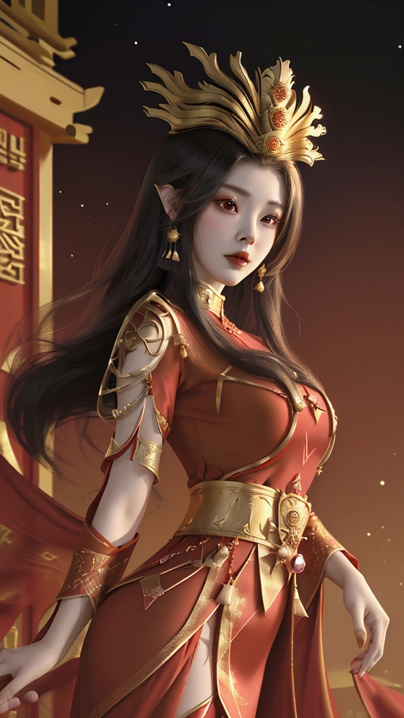 4k, 8k, best quality, masterpiece work, high resolution, cg, solo, ((meidusha)), close, entire body, traditional Chinese space background ((traditional Chinese red dress and golden crown))