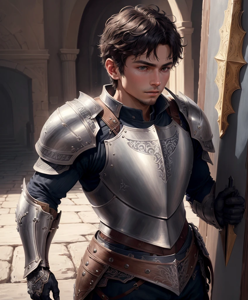 absurdres,beautiful and detailed illustration,masterpiece,best quality,ultra-detailed,soft lighting,1boy, cowboy shot, solo, solo focus, armor, knight, intricate armor, intricate shield, holding shield, holding greatsword, drawn in the artstyle of short black hair