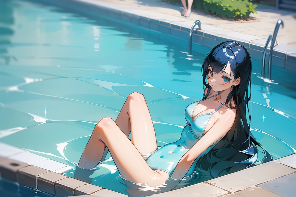 (Highest quality、detailed、Masterpiece、８K)、((((５Cute woman in person))))、(Sitting side by side by the pool)、((water surface；０．４))、slender、Wet Skin、Shiny sexy swimsuit、Low - Angle