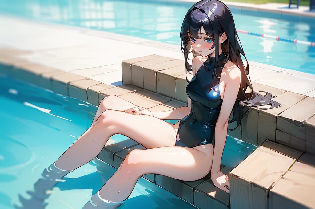 (Highest quality、detailed、Masterpiece、8K)、((((5Cute woman in person))))、(Sitting side by side by the pool)、((water surface;0.4))、slender、Wet Skin、Shiny sexy swimsuit、Low - Angle