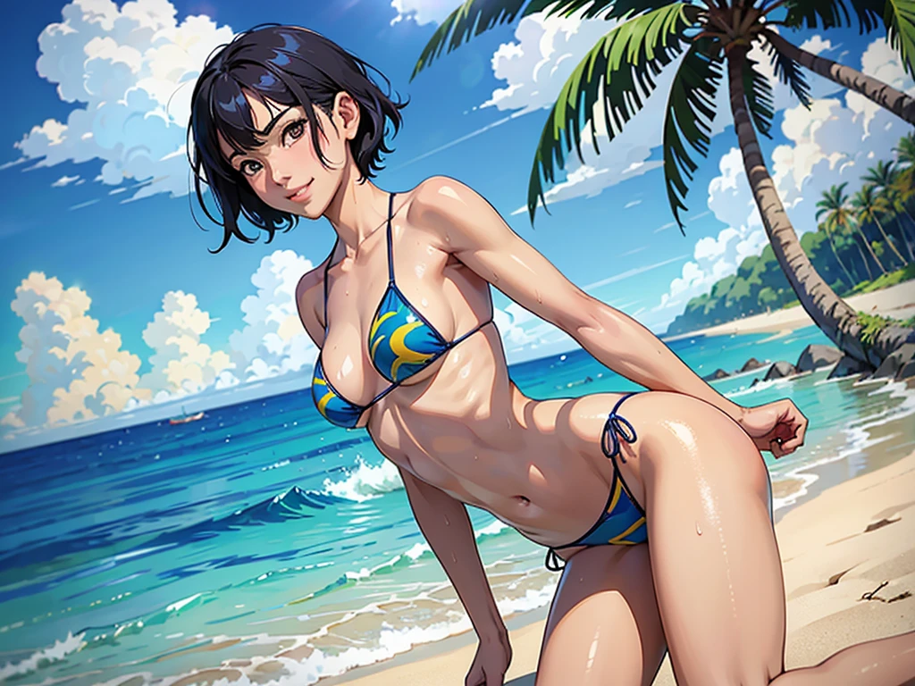 ((highest quality, masterpiece, High resolution)), ((reality)),Photos of beautiful Japanese women,((anime art))、 (((1 girl))), normal size breasts, slim body shape, medium short hair, double eyelid, Wet see-through micro bikini, A pareo with bold ethnic patterns and plenty of primary colors、realistic skin、Wet,whole body,cinematic light、tropical、Against the background of palm trees on both sides、on a sunny beach、With the sea in the background、blur background、smile