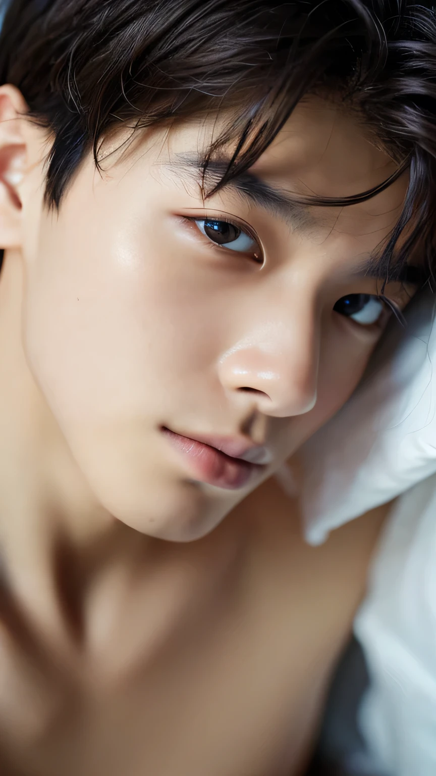 Highest quality, masterpiece, Ultra-high resolution, (Realistic: 1.4), Original photo, wallpaper, Head Photo, skin, Simple Background, Iris, detailed, Selfie, 1 boy, 18-year-old, good looking, Wind,On the bed