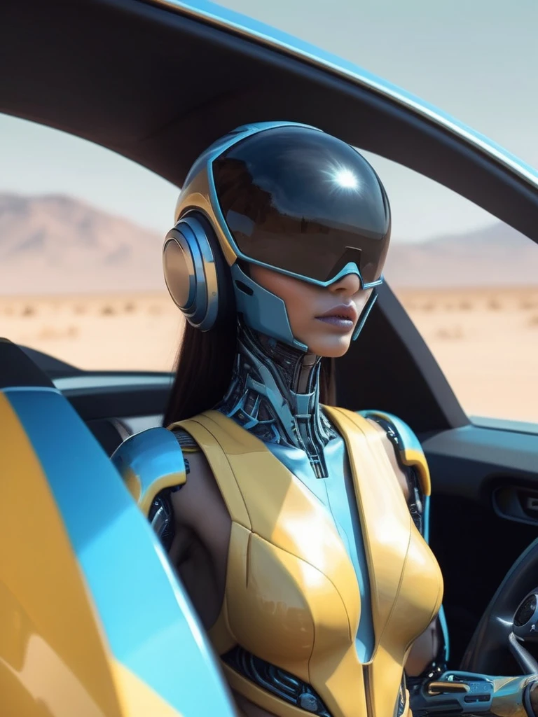 ral-opal, meahophontron, cyberpunk, alien woman (yellow suit, gray, light blue brown) Con armadura futurist, (along with a supercar) blue colors, negro, gray con soft tones, background image: (driving through the desert) soft tones, futurist
