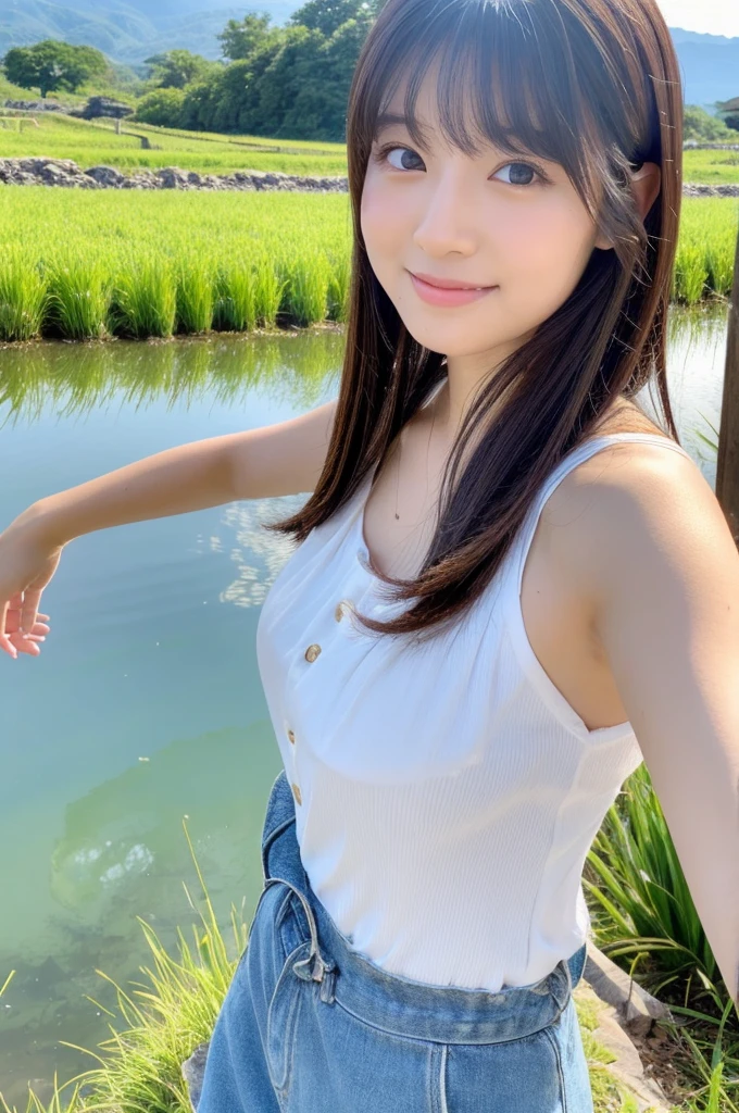 ((Best of the highest quality, 8k, Masterpiece, raw photo: 1.2)), (Sharp focus: 1.2), (1 AESPA, slim body type female, 21 y/o: 1.1), (Solo: 1.28), (realistic, photo-realistic:1.37), face focus, cute face, finely eyes, (droopy eyes: 1.32), (Emphasize prominent aegyo-sal with bright: 1.2), shimmering eyeshadow applied under the lower lash line, paired with thick, (small breasts, flat chest, Thigh: 1.3), (short messy hair: 1.28), (wearing button down business shirt, panties: 1.32), sitting on rice field, paddy field, flower, (from below: 1.12)