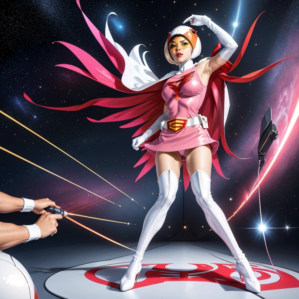 ANI_CLASSIC_jun_gatchaman_ownwaifu,1girl, ,good anatomy, masterpiece, best quality, realistic, hyper realistic, 16k hdr, breasts, large breasts, lipstick, makeup, gloves, cape, helmet, belt, elbow gloves, white gloves, mask, ultra miniskirt, leotard, spacesuit, white tight overknee highheel boots, pink dress, superhero, bodysuit, cleavage, erected nipples,(sexy pose, from below:1.2),(spread legs:1.1),cameltoe
