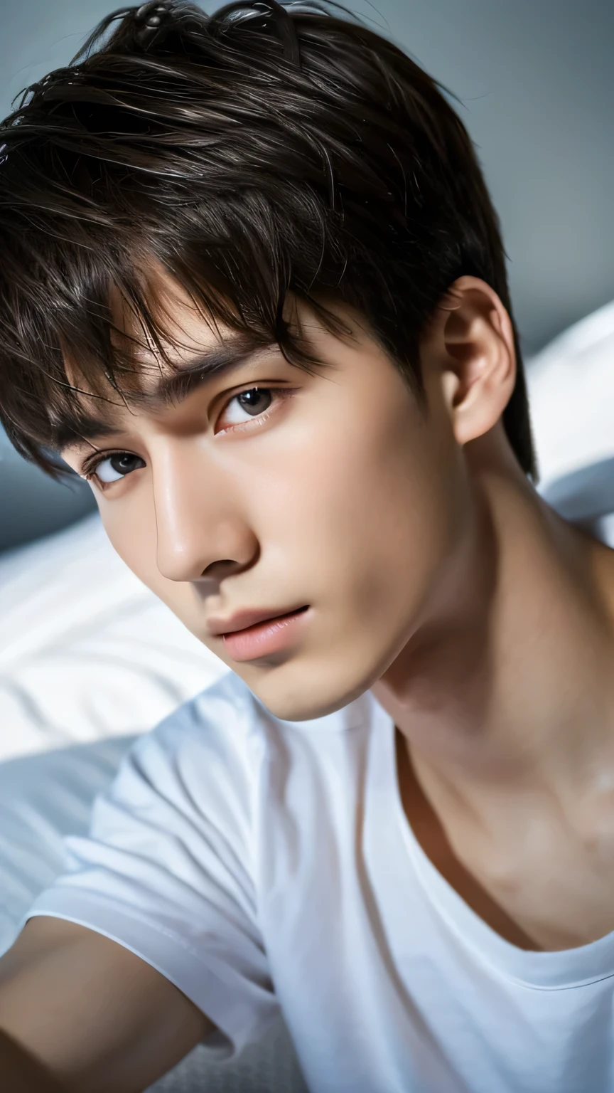 Highest quality, masterpiece, Ultra-high resolution, (Realistic: 1.4), Original photo, wallpaper, Head Photo, skin, Simple Background, Iris, detailed, Selfie, 1 boy, 18-year-old, good looking, Wind,On the bed