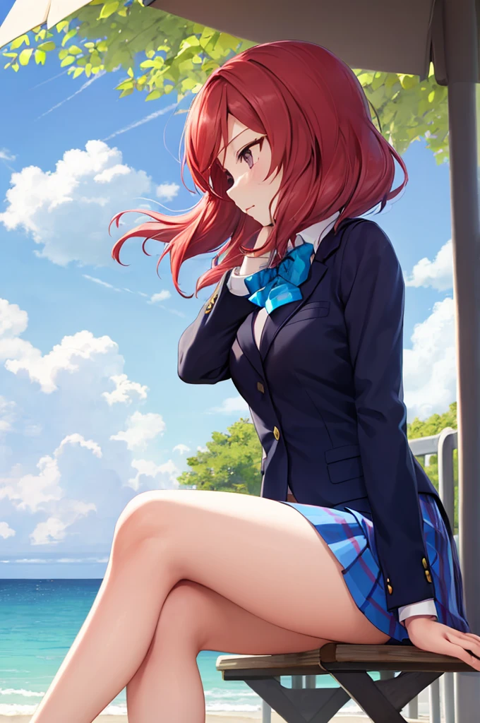 masterpiece, Highest quality, One woman、Maki Nishikino, Blue blazer, Blue striped bow tie, Long sleeve, Checked mini skirt, Blue mini skirt, Sit cross-legged on a park bench、Wind、Hair swaying、Look up a little、profile、Red cheeks、Park with an ocean view、(Anatomically correct), High detail, (View your viewers)、far and near method