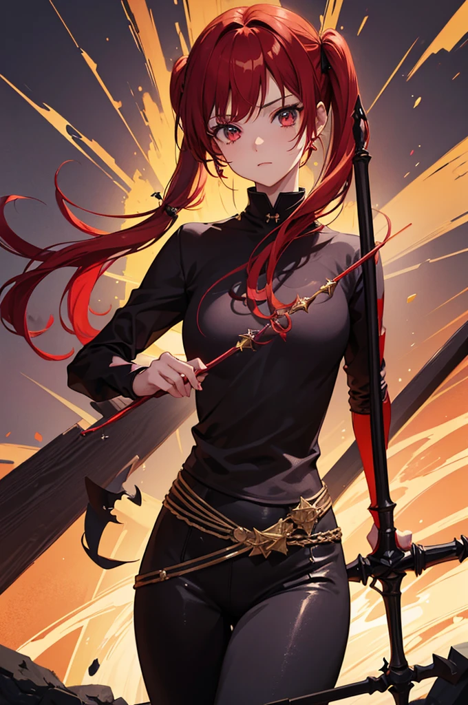 1girl, solo, best quality, masterpiece, red hair in pigtails, sparkling eyes, star on eye, 20 years old, long black leggings, tight red shirt, dark mage, magician with long staff, intricate details, cinematic lighting, dramatic shadows, vibrant colors, fantasy art, digital painting, in action pose, heros pose, action facial expressions