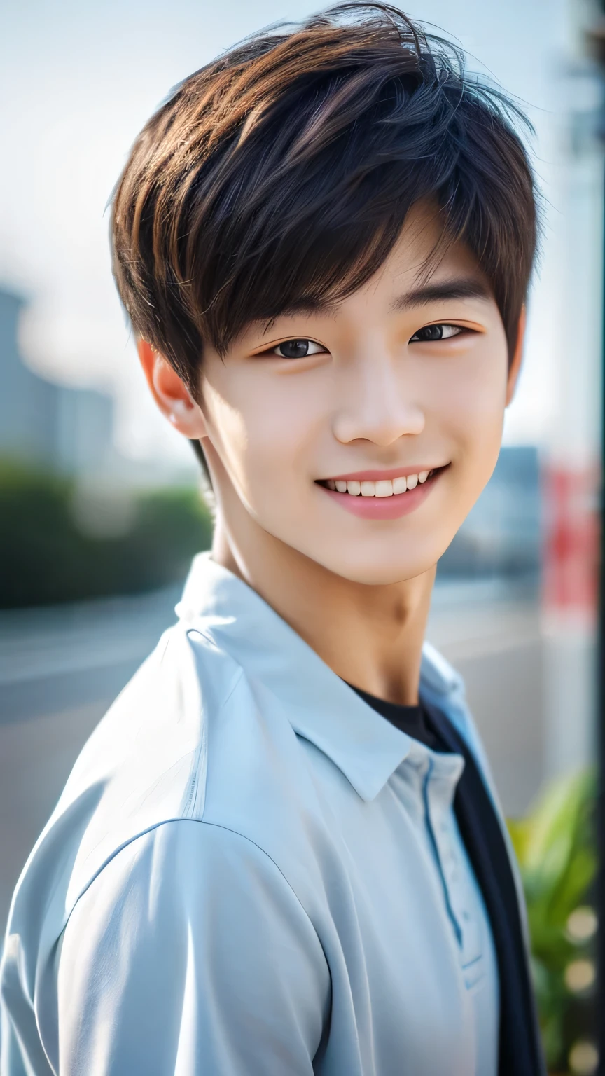 Highest quality, masterpiece, Ultra-high resolution, (Realistic: 1.4), Original photo, wallpaper, Head Photo, skin, Simple Background, Iris, detailed, Selfie, 1 boy, 18-year-old, good looking, Wind,Cafe、smile