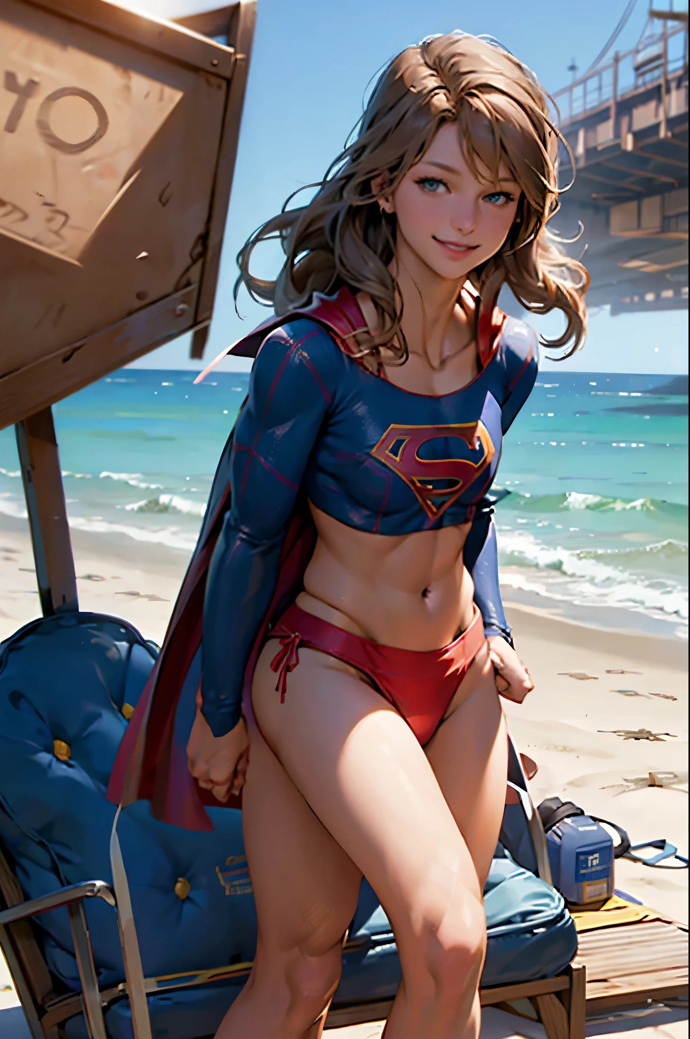 NSFW. ((micro-bikini.)) perfect face, sexy supergirl Melissa Benoist, naked, legs apart, crotch showing, smiling, deserted beach, ((best quality)), ((masterpiece)), (detailed)