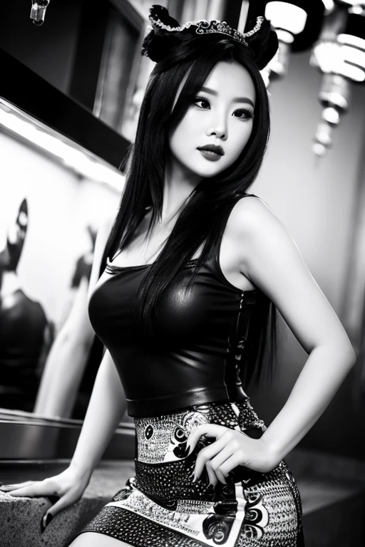 a beautiful girl wearing a short chinese traditional dress (Disney princess, Mulan), posing in a sexy way, black and white art style similar to Sin City, black and white photography, 4k, HD, perfect facial features, vibrant red lips, title "Mulán" in red Sin City style