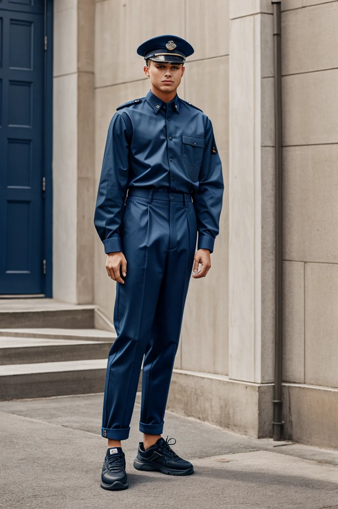 Student with long sleeve shirt. Marine blue pant., Black shoes and military cap