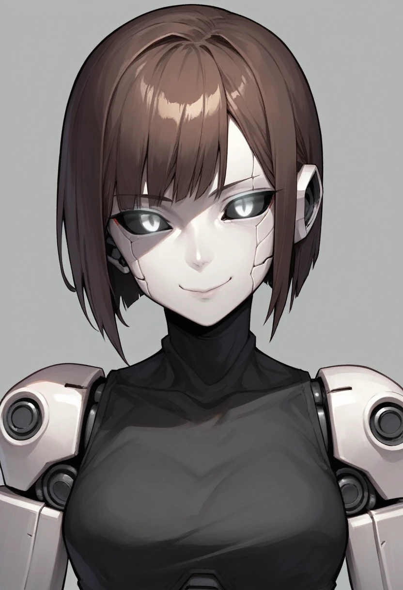 (Anime, 1girl, brown bob hair, grey eyes, dark punk clothes, portrait, Robot girl, Mecha, Android, joint limbs, robot joints, facial joints, metal pale skin, black sclera, no mouth, glowing eyes, no face, smug face), score_9, score_8_up, score_7_up