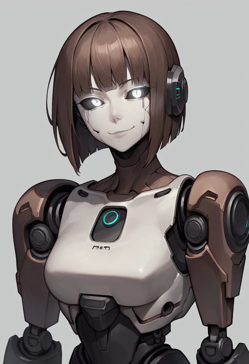 (Anime, 1girl, brown bob hair, grey eyes, dark punk clothes, portrait, Robot girl, Mecha, Android, joint limbs, robot joints, facial joints, metal pale skin, black sclera, no mouth, glowing eyes, no face, smug face), score_9, score_8_up, score_7_up