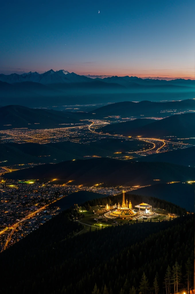 Photo of a fair seen in the distance from a mountain at night