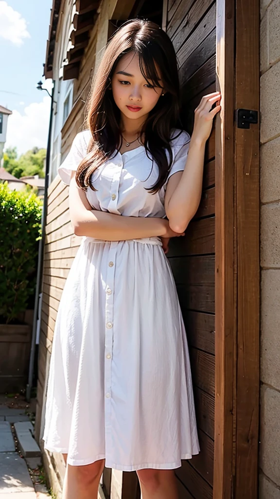 ((In the act in the girl's room:1.2)), (8k, RAW Photos, Highest quality, masterpiece:1.2), ((Beautiful girl alone)), Looking at the audience, Viewed from the front, Beautiful white skin, knees, Absurd face is small, Part your bangs down the middle, The forehead is visible, Glare, ((Cute mischievous face:1.3)), Ultra-high resolution, cute, (Slender body line), (Outstanding proportions), ((Stylish black and white silk dress:1.2)), high school girl, (:1.65), Japanese women, Are standing, (Photorealistic:1.37), Photon Mapping, Realistic, cute顔が小さい, Brown eyes, prospect, Written boundary depth, Blurred Background, (I can see the bangs), Silky smooth hair, (Slim Belly:1.3), (Beautiful thin thighs:1.2), (Small beautiful butt:1.2), (Curved waist), thigh, Nogizaka idol, Idol, (Detailed hands:1.3, Accurate hands:1.3, Beautiful little hands of a girl:1.3), (Firm and beautiful breasts:1.3), Super quality, Low people, (Clear white skin, Skin with visible pores:1.2), (Focus on the face), Check and correct the garment construction, (Perfect Anatomy:1.3), (Detailed eyes and face:1.3, Professional photography techniques), (Beautifully shaped crotch)
