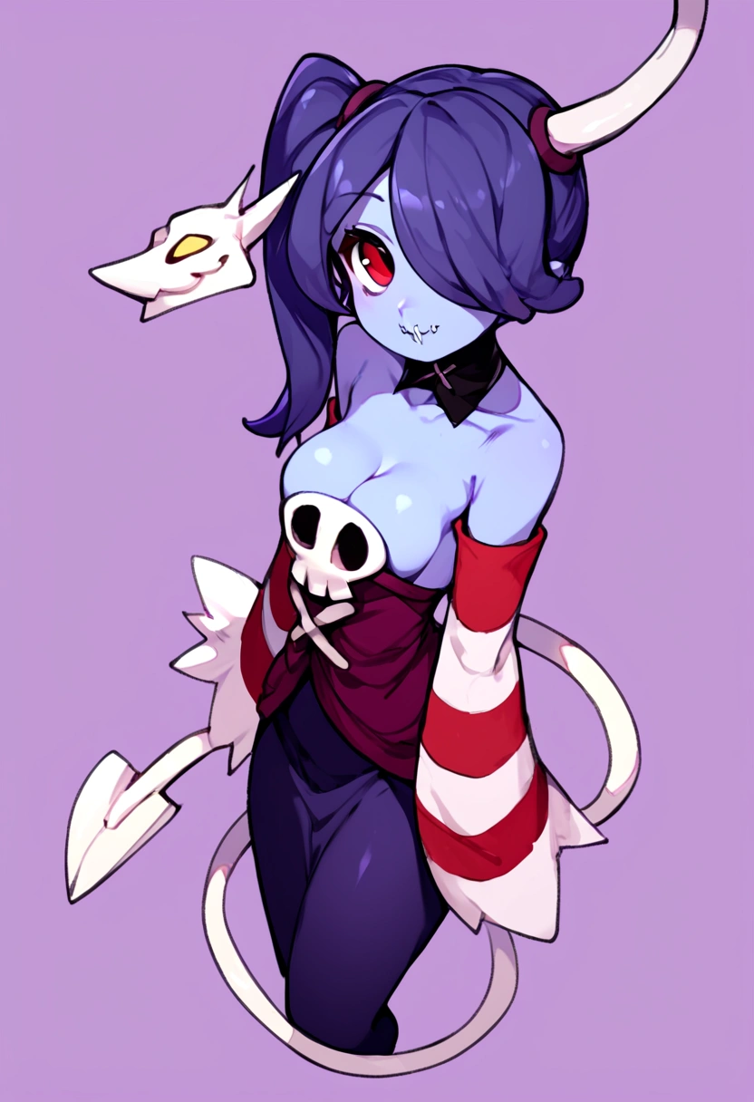 score_9, score_8_up, score_7_up, score_6_up, source_cartoon, rating_explicit, BREAK squigly, 1girl, solo, breasts, looking at viewer, smile, skirt, dress, cleavage, bare shoulders, medium breasts, pantyhose, detached sleeves, striped, side ponytail, detached collar, from above, skull, blue skin, stitches, zombie, red sleeves, striped sleeves, stitched mouth, adorable, cute,