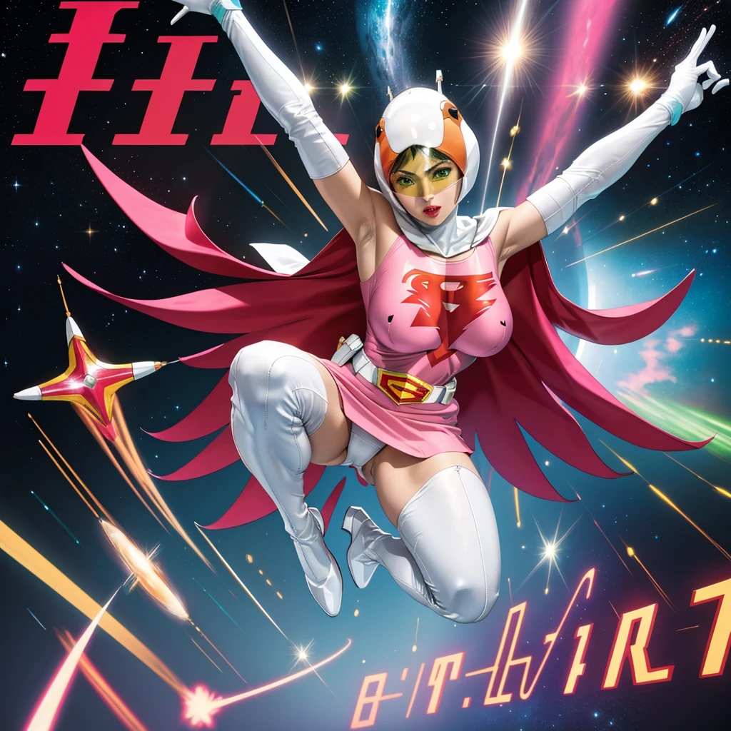 ANI_CLASSIC_jun_gatchaman_ownwaifu,1girl, ,good anatomy, masterpiece, best quality,realistic, hyperrealistic, 16k hdr,breasts,green eyes,lips,large breasts,lipstick,makeup,gloves,cape,helmet,belt,ow gloves,white gloves,mask,ultra miniskirt,leotard,spacesuit,white tight overknee highheels boots,pink dress,superhero,bodysuit,cleavage,erected nipples,((jumping poses,arms up straight)),cameltoe
