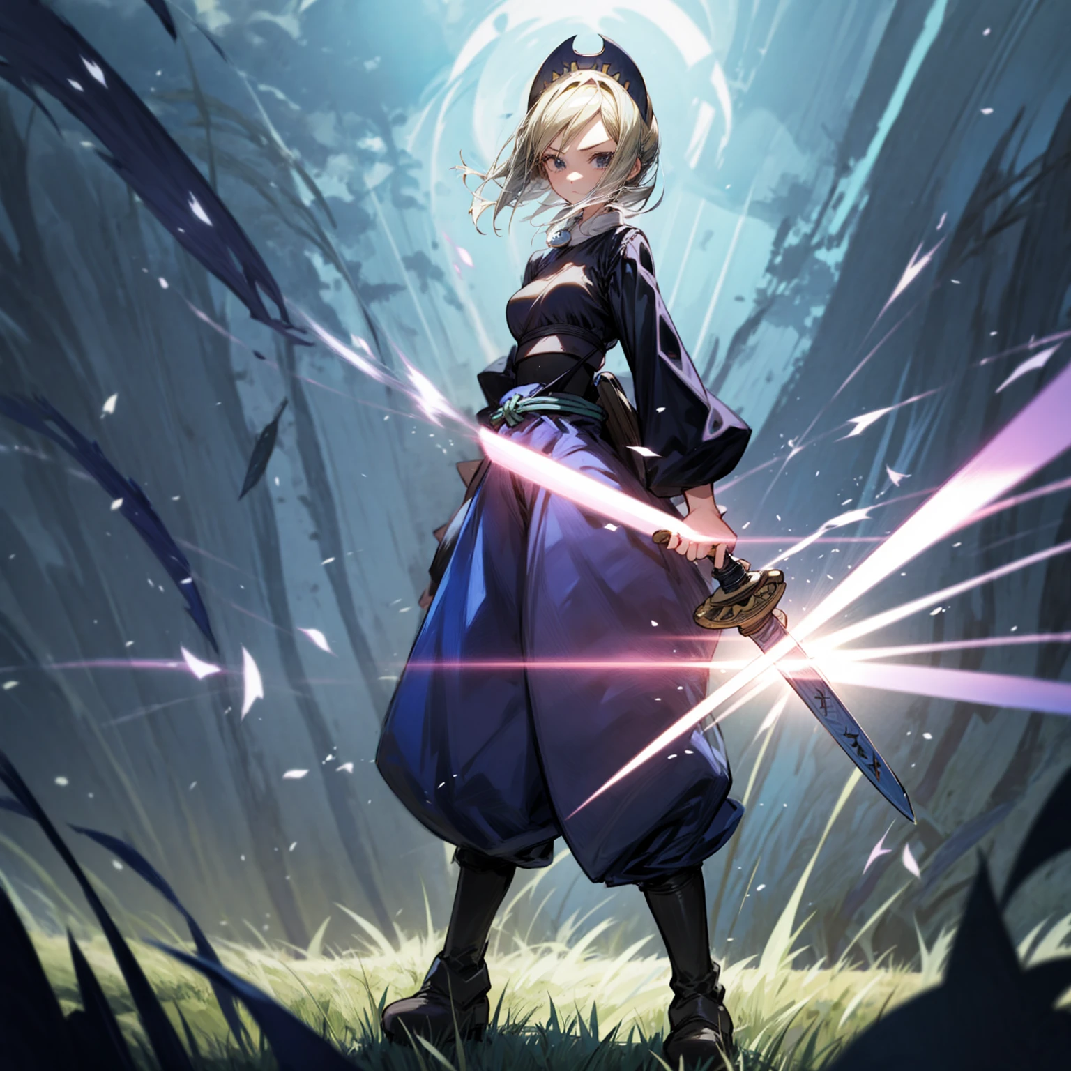1girl, Full body version, 1character, black eyes, long Frizzy haircut, blue colour hair, medieval clothing, long pants, headband, boots, Grassroots, full background in field town, motion blur, lighting, (one piece art), standing poses, sword in hand