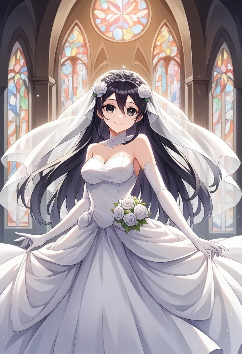 ayase aragaki, 1girl, solo, dress, tiara, black hair, bare shoulders, wedding dress, white background, gloves, white dress,dynamic pose,  (masutepiece:1.2), Best Quality, High resolution, Unity 8k Wallpaper, (Illustration:0.8), (Beautiful detailed eyes:1.6), extra detailed face, Perfect Lighting, extremely details CG, (Perfect hands, Perfect Anatomy),dynamic pose,extremely detailed face, perfect lighting, extremely detailed CG, (perfect hands, perfect anatomy),, dynamic pose,(masterpiece:1.2), best quality, high resolution, unity 8k wallpaper,perfect hair, perfect eyes, perfect hands, beautiful fingers,detailed face, detailed eyes,smile,stair,  (masutepiece:1.2), Best Quality, High resolution, Unity 8k Wallpaper, (Illustration:0.8), (Beautiful detailed eyes:1.6), extra detailed face, Perfect Lighting, extremely details CG, (Perfect hands, Perfect Anatomy),dynamic pose,extremely detailed face, perfect lighting, extremely detailed CG, (perfect hands, perfect anatomy),, dynamic pose,(masterpiece:1.2), best quality, high resolution, unity 8k wallpaper,perfect hair, perfect eyes, perfect hands, beautiful fingers,detailed face, detailed eyes,smile, church entrance, flower bouquet, stair, victoria church