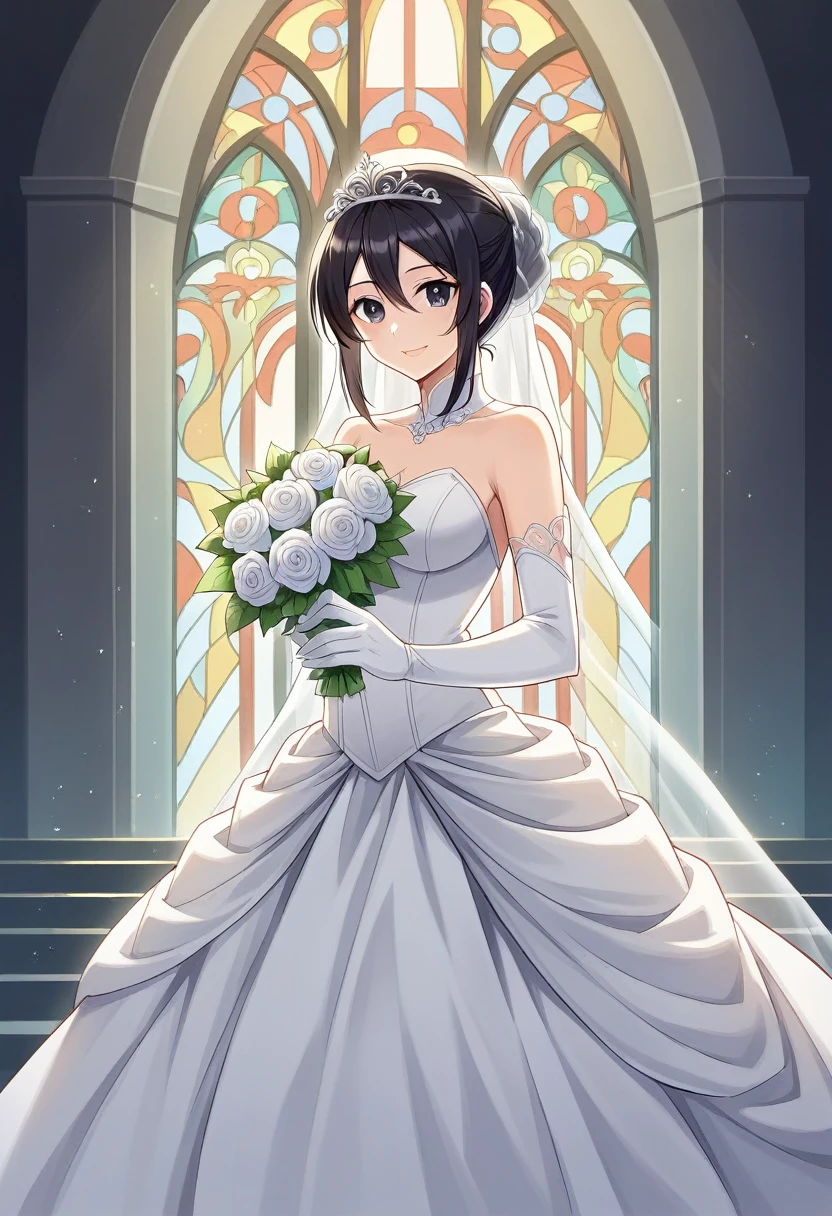 ayase aragaki, 1girl, solo, dress, tiara, black hair, bare shoulders, wedding dress, white background, gloves, white dress,dynamic pose, (masutepiece:1.2), Best Quality, High resolution, Unity 8k Wallpaper, (Illustration:0.8), (Beautiful detailed eyes:1.6), extra detailed face, Perfect Lighting, extremely details CG, (Perfect hands, Perfect Anatomy),dynamic pose,extremely detailed face, perfect lighting, extremely detailed CG, (perfect hands, perfect anatomy),, dynamic pose,(masterpiece:1.2), best quality, high resolution, unity 8k wallpaper,perfect hair, perfect eyes, perfect hands, beautiful fingers,detailed face, detailed eyes,smile,stair, (masutepiece:1.2), Best Quality, High resolution, Unity 8k Wallpaper, (Illustration:0.8), (Beautiful detailed eyes:1.6), extra detailed face, Perfect Lighting, extremely details CG, (Perfect hands, Perfect Anatomy),dynamic pose,extremely detailed face, perfect lighting, extremely detailed CG, (perfect hands, perfect anatomy),, dynamic pose,(masterpiece:1.2), best quality, high resolution, unity 8k wallpaper,perfect hair, perfect eyes, perfect hands, beautiful fingers,detailed face, detailed eyes,smile, church entrance, flower bouquet, stair, victoria church
