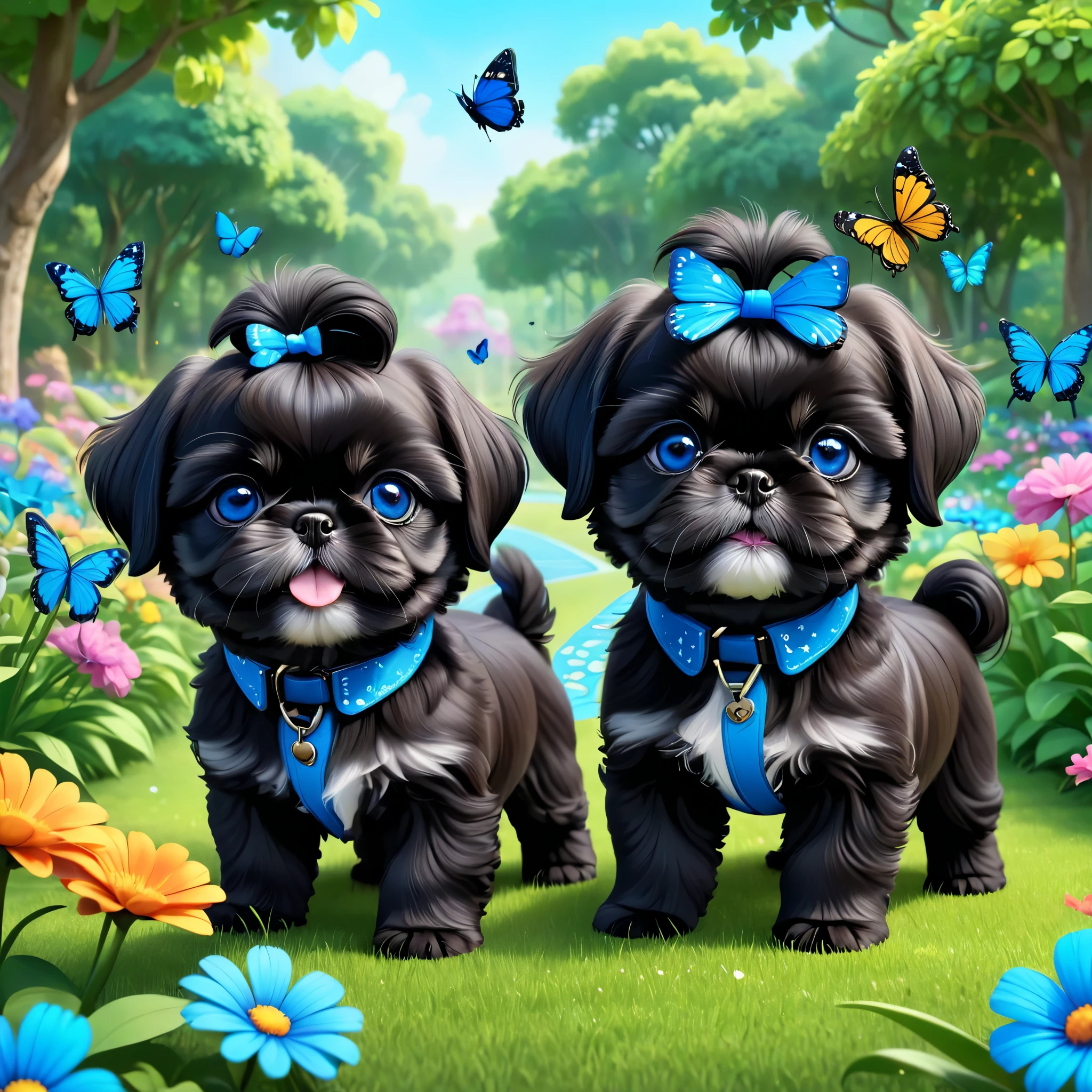 2 adorable small shih black shih tzu puppies wearing blue collars with bright blue eyes playing in park butterflies and flowes in background  3D Pixar style