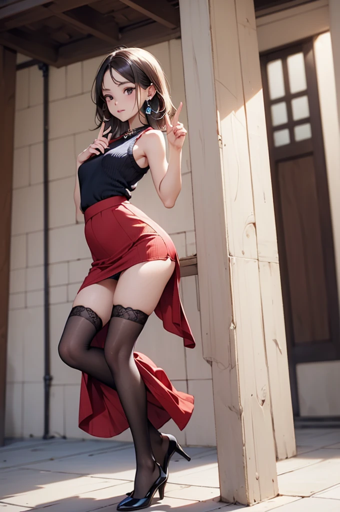 NSFW,(Natural finger shape:1.5),((Full Body Shot,Including face)),Standing position,4K,masterpiece,((Focus on the face)),((Symmetrical facial features)),Eye for detailed depiction,Beautiful woman,Excellent style,Beautiful feet,(Small Ass,Thin thighs),(Black Stockings:2,High heels),Detailed depiction of the face,Small earrings,necklace,Low angle photo,((Knitted sleeveless top,Red long skirt)),Lying on the tiles,blue blonde,(Panty shot:1.5),Arms under the chest,