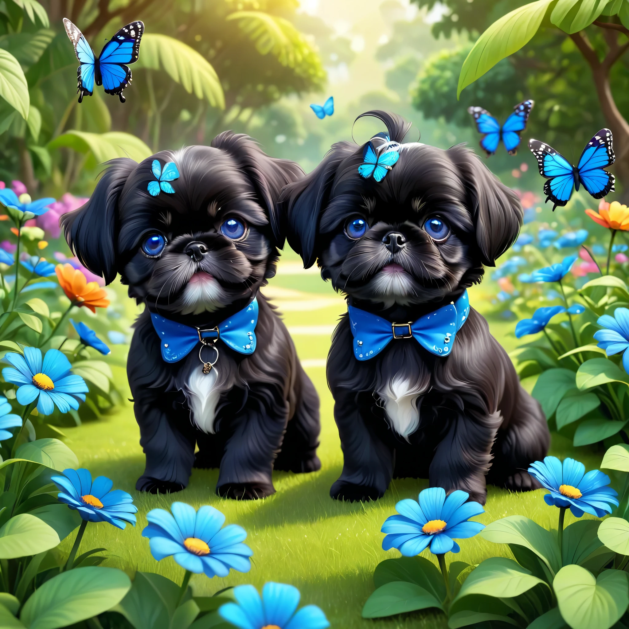 2 adorable small shih black shih tzu puppies wearing blue collars with bright blue eyes playing in park butterflies and flowes in background 3D Pixar style