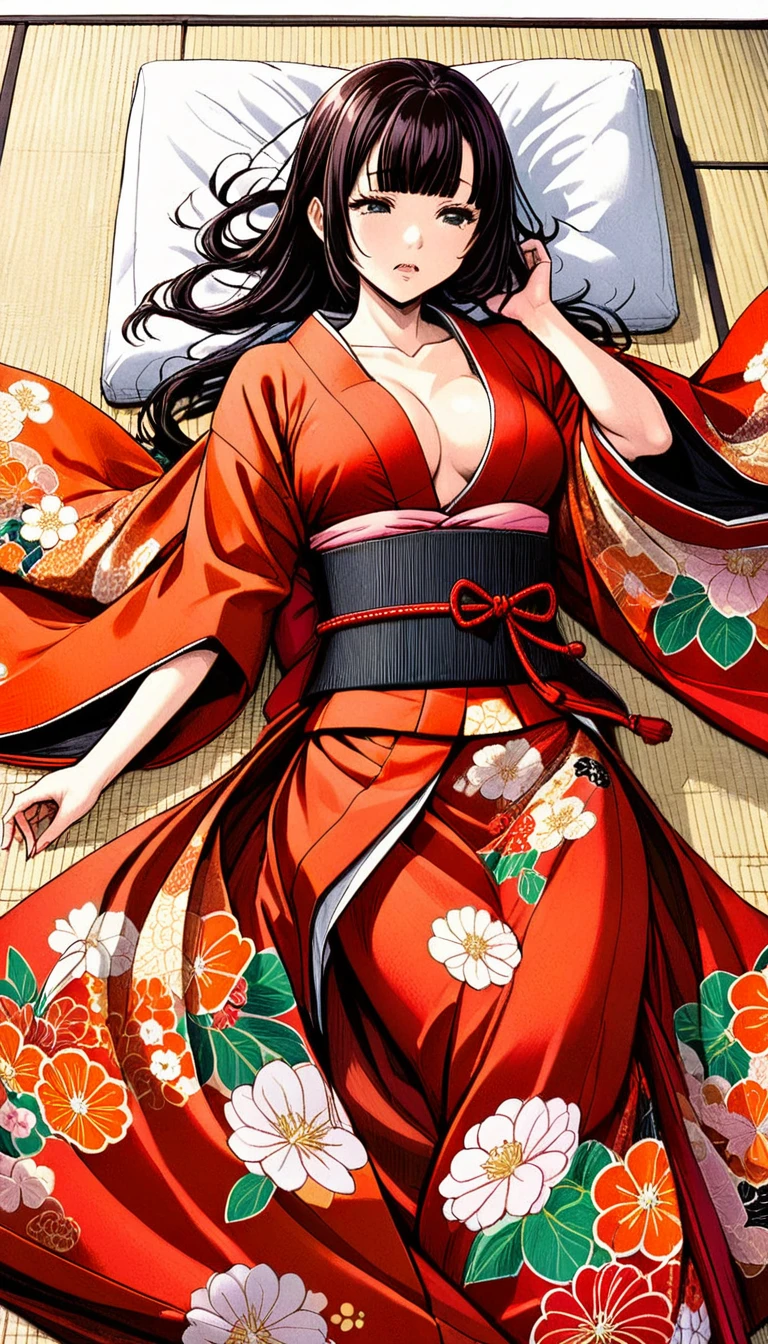 Close-up of a woman with black straight hime cut hair wearing a red and orange dress, Red kimono with flower patterns, From the Sengoku period, Long and beautiful kimono, Flowing hair and long, super shiny robes, Red kimono, Japanese Kimono, Wearing Imperial Kimono, Wearing kimono and armor, In kimono, Safety, kimono, Hakama kimono, Inspired by Fujiwara Takanobu, pale and colouRed kimono　She is laid down on the futon, exposing her nipples, writhing and crying.