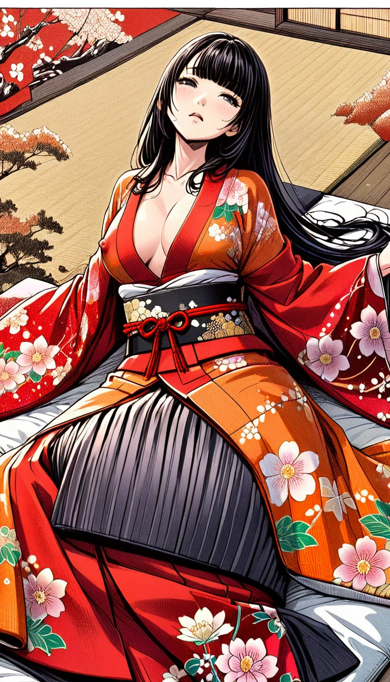 Close-up of a woman with black straight hime cut hair wearing a red and orange dress, Red kimono with flower patterns, From the Sengoku period, Long and beautiful kimono, Flowing hair and long, super shiny robes, Red kimono, Japanese Kimono, Wearing Imperial Kimono, Wearing kimono and armor, In kimono, Safety, kimono, Hakama kimono, Inspired by Fujiwara Takanobu, pale and colouRed kimono She is laid down on the futon, exposing her nipples, writhing and crying.
