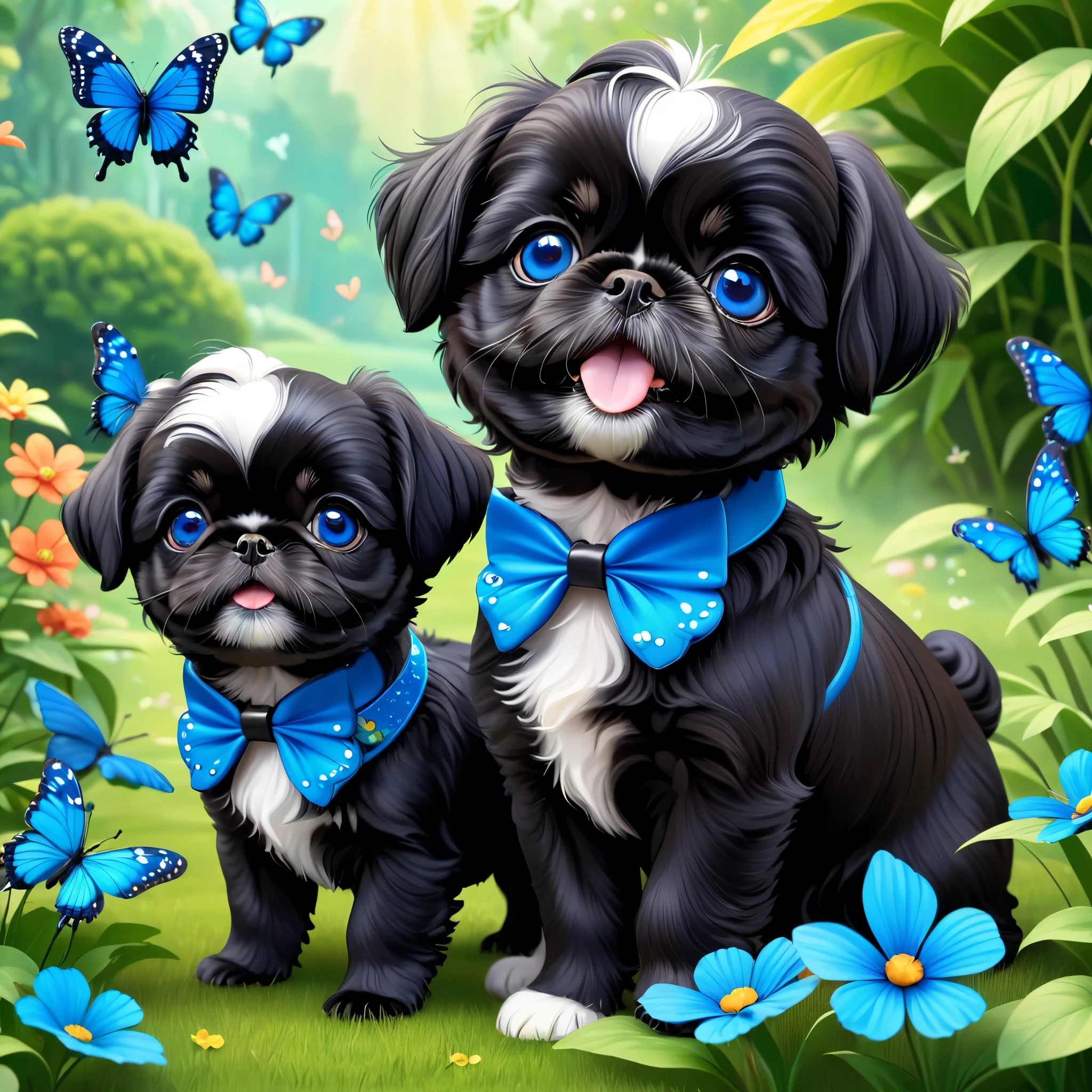 2 adorable small shih black shih tzu puppies wearing blue collars with bright blue eyes playing in park butterflies and flowes in background 3D Pixar style