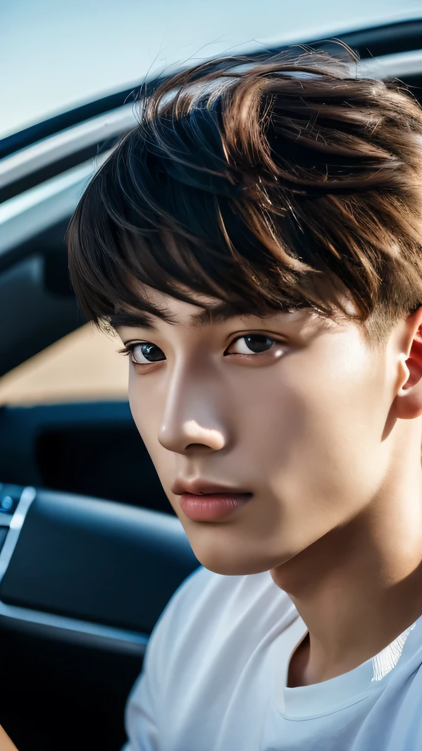 Highest quality, masterpiece, Ultra-high resolution, (Realistic: 1.4), Original photo, wallpaper, Head Photo, skin, Simple Background, Iris, detailed, Selfie, 1 boy, 18-year-old, good looking, Wind,Driving a car