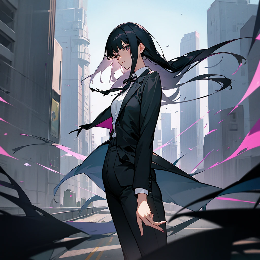 An adult woman, she has long, straight black hair. It has dark irises and its eyes convey a sense of seriousness. She is wearing a business outfit. She is in the center of a city.