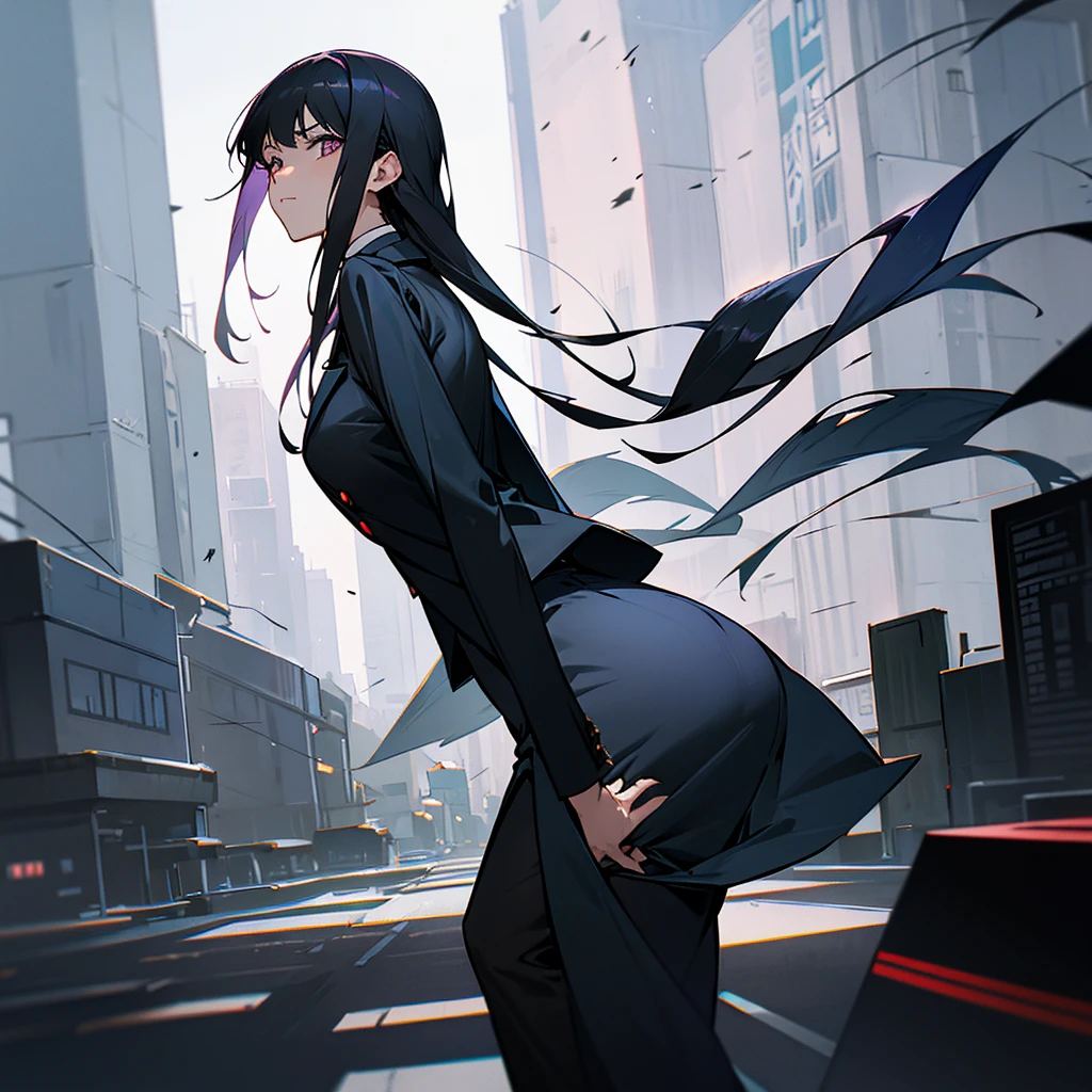 An adult woman, she has long, straight black hair. It has dark irises and its eyes convey a sense of seriousness. She is wearing a business outfit. She is in the center of a city.