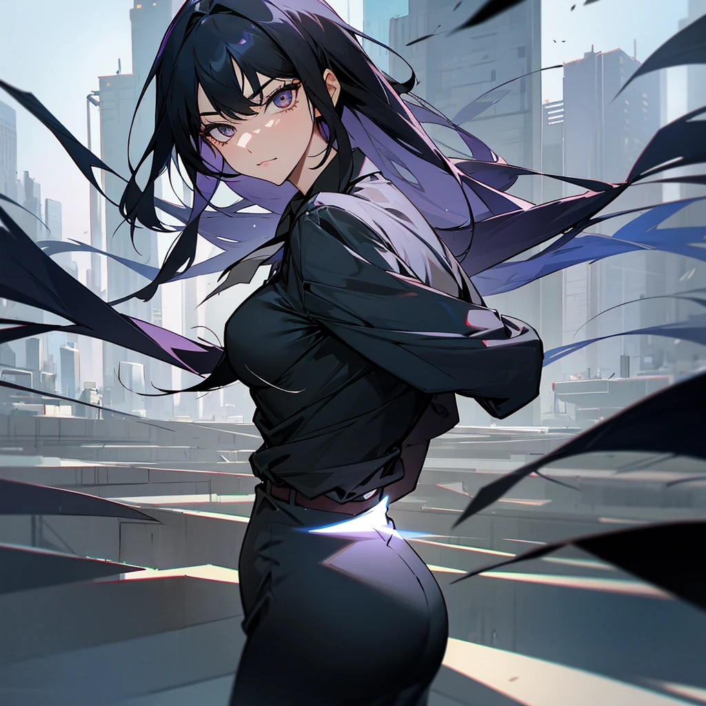 cute woman black dress purple eyes long dark blue hair city
