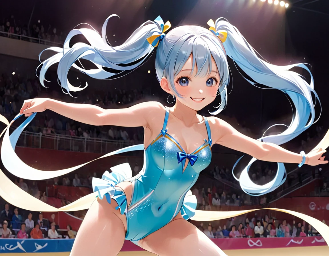 Beautiful girl with long light blue hair, twin tails, rhythmic gymnastics ribbon, cute leotard, bright smile