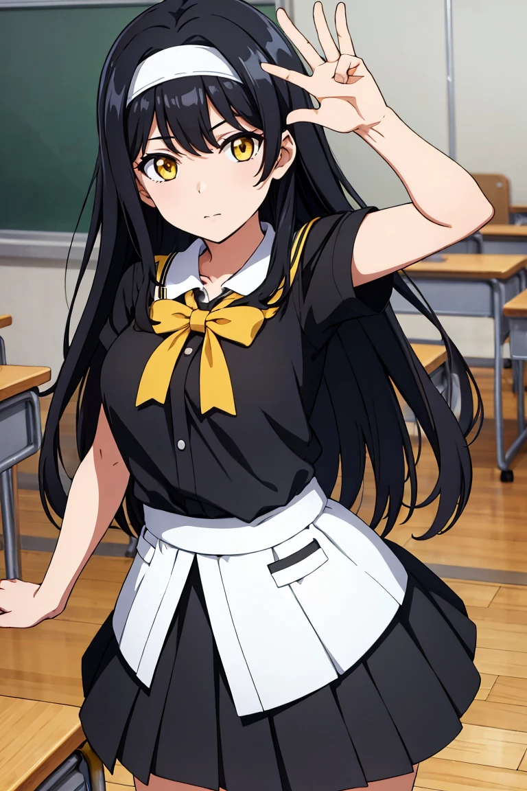 (artwork, best quality) a girl with long black hair, yellow eyes, white headband, white , black skirt, waving, in a classroom