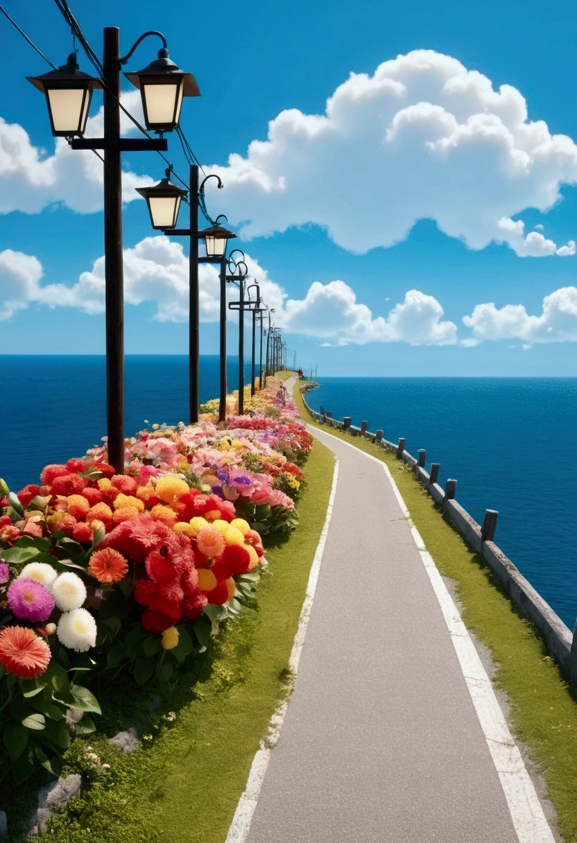 ((Top Quality)), ((Masterpiece)), (Detail), Coastal path, summer clouds, crystal clear sea and flowers (utility poles, Japanese signs and street lights) (various flowers in a row)
The scene is rendered in the following (Beautiful Animated Landscape:1.5) style, and (Detail:1.4) and (Concept Art Level Complexity:1.3)(2.25D animation) scenery, (High Definition:1.5)(semi-realistic)