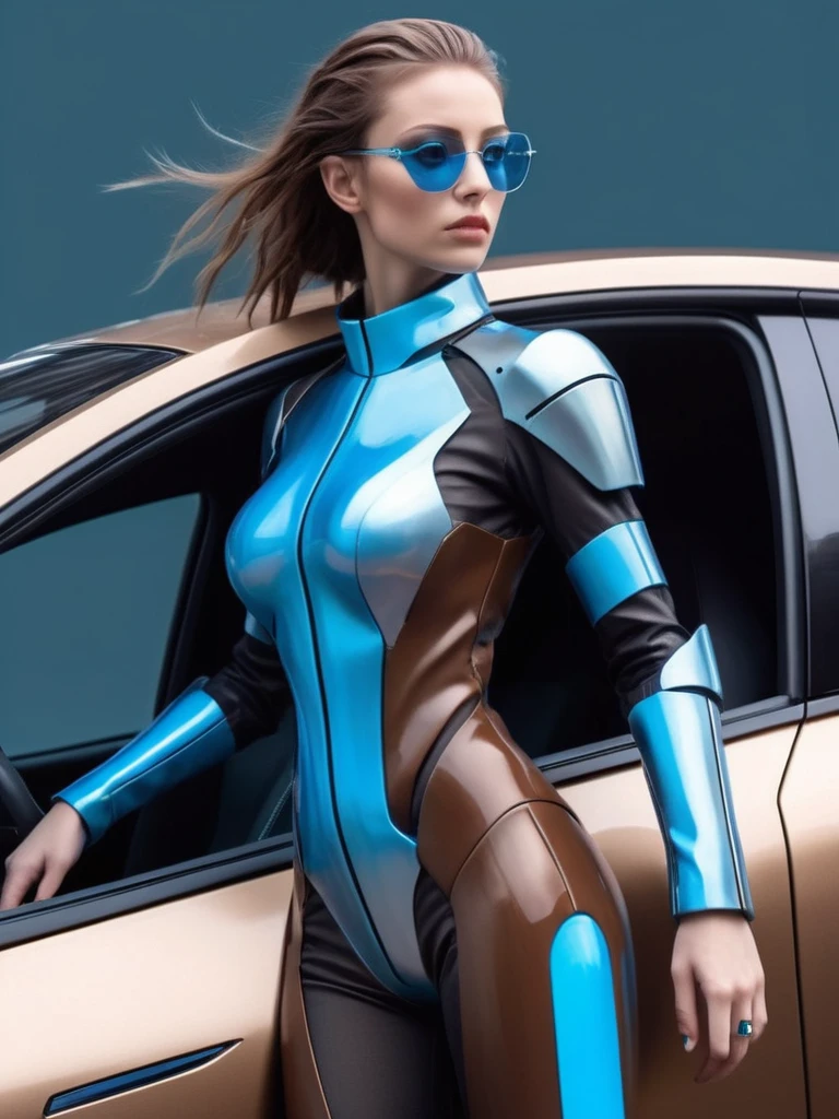 ral-opal, meahophontron, cyberpunk demonio, women (brown suit, light blue, light grey) With futuristic armor, (along with a super sports car) blue colors, black, gray with soft tones, background image: (driving through the sea and sand) futuristic stylish clothing