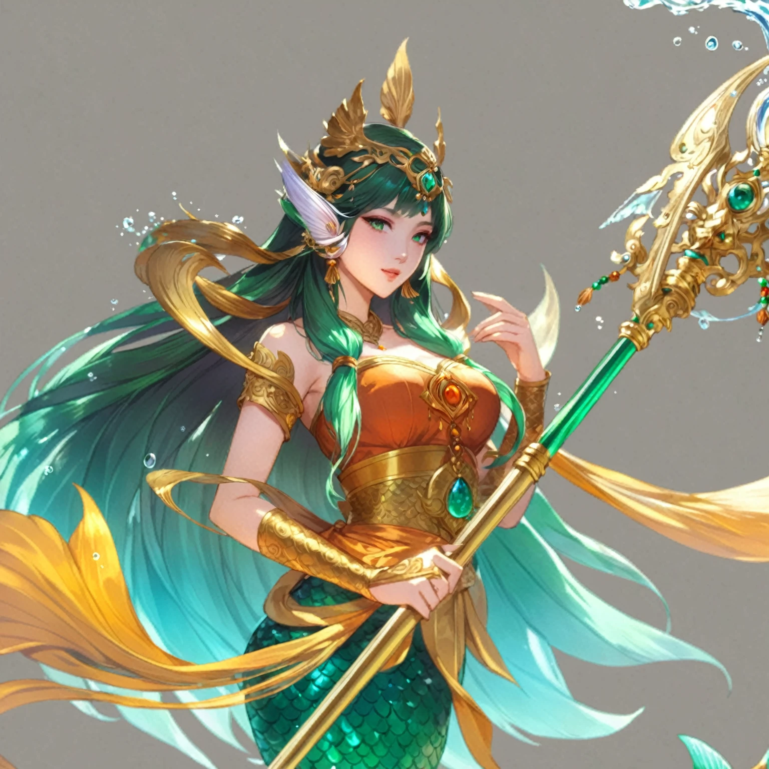 masterpiece, best quality, good quality, Fantasy Aesthetic, Highly detailed, shadowverse style, female, dark green hair, indonesian traditional clothes aesthetic, mermaid